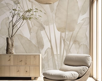 Beige Banana Leaves Wallpaper Mural, Tropical Wall Print