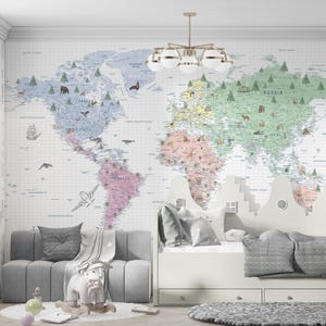 Educational Word Map Wallpaper Mural, Colorful World Map for Kids, USA States World Map Wallpaper, Kids World Map, Peel and Stick, Kids Wall