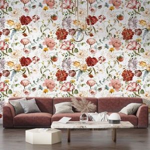 Watercolor Floral Wallpaper, Peony Rose, Peel and Stick Mural - Etsy