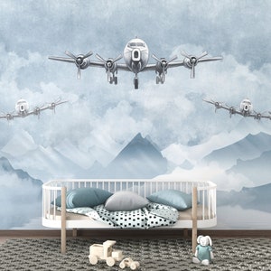 Watercolor Blue Airplane Kids Wallpaper Peel and Stick,Aircraft Wall Mural,Plane Nursery Removable Wallpaper,Aeroplane Kids Home Decor