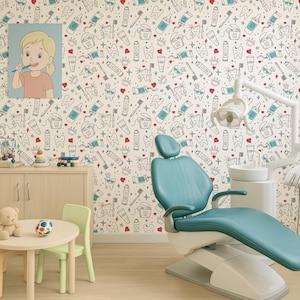 Carta da parati per l'igiene dentale dei bambini, stampa di denti e spazzolini divertenti, staccabile e attaccabile o rimovibile in modo tradizionale, decorazione per la sala giochi e il bagno dei bambini.