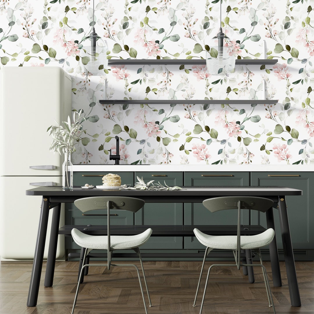 Watercolor Pink Floral Wallpaper, Botanical Green Leaves, Peel and ...