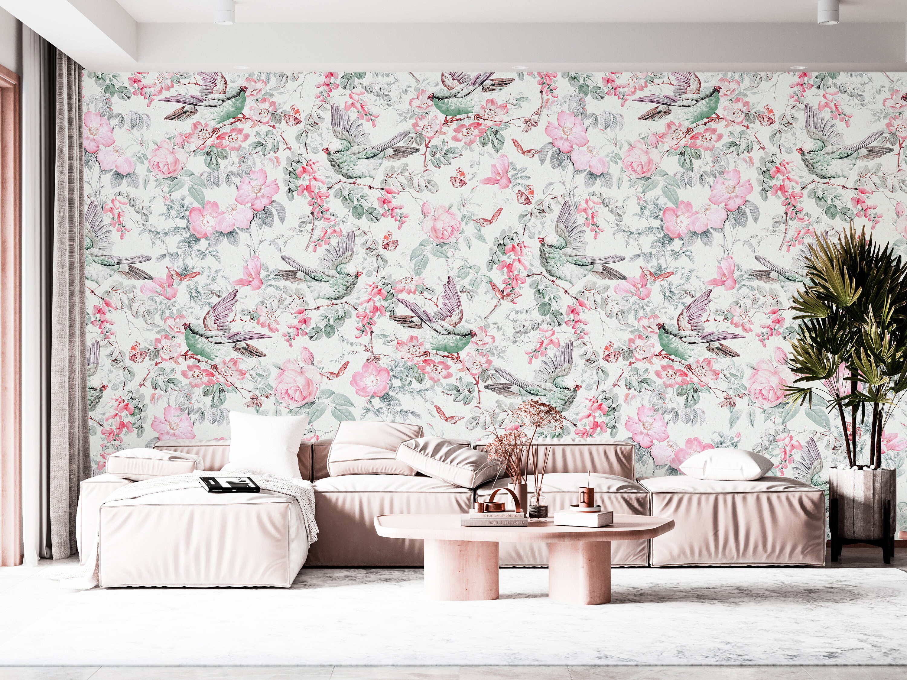 Watercolor Pink Floral Wallpaper, Birds and Flowers, Removable or ...