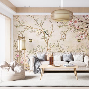 Vintage Yellow Chinoiserie Wallpaper Peel and Stick,Chinese Birds with Trees Wall Mural,Floral   Removable Wallpaper, Vintage Home Decor