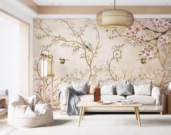 Żółta tapeta w stylu chinoiserie, fototapeta z ptakami i drzewami, samoprzylepna