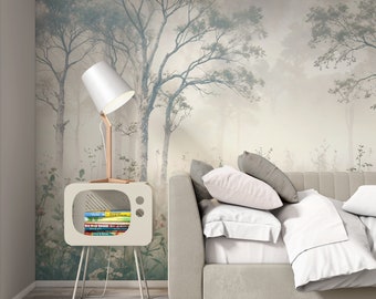 Foggy Woodland Wallpaper, Peel and Stick Forest Wall Mural