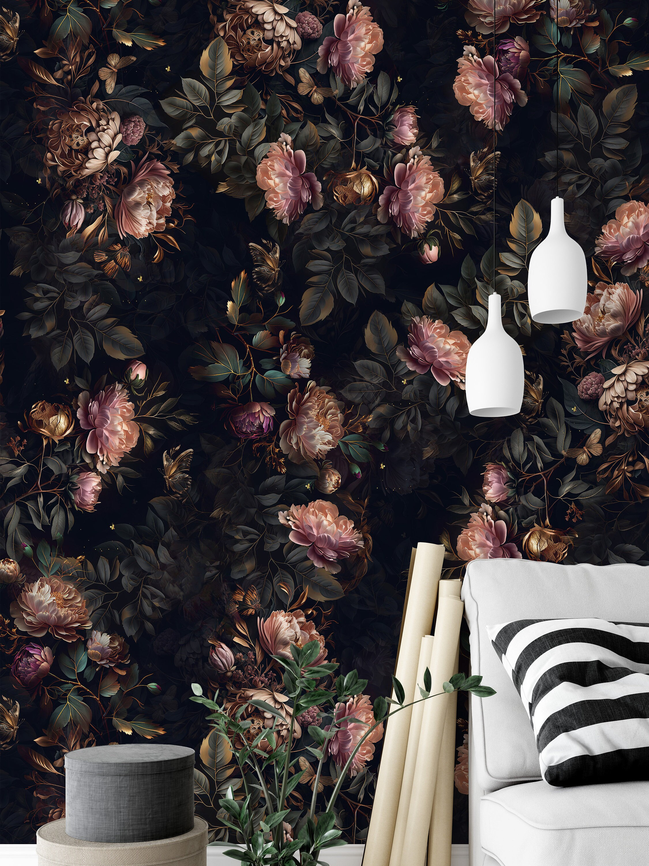 Dark Floral Wallpaper Peel and Stick,Vintage Botanical Wall Mural,Floral Luxury Removable Wallpaper,Dark Floral Home Decor,Vintage Wallpaper