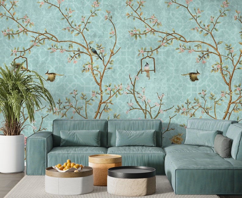 Blue Chinoiserie Wallpaper, Birds & Trees, Vintage Floral Wall Mural ...