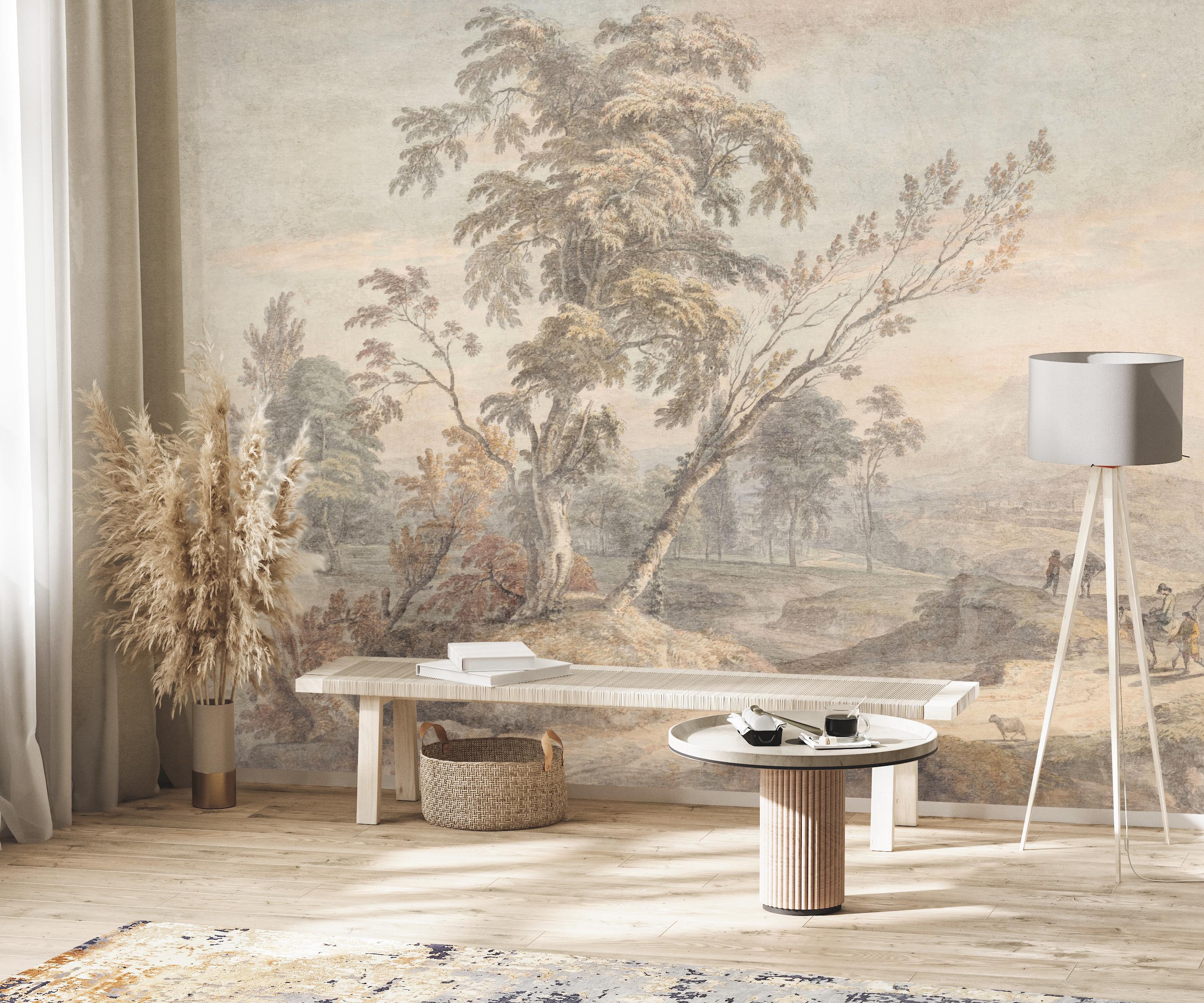 Vintage Tree Landscape Wallpaper Mural, Neutral Colors, Removable ...