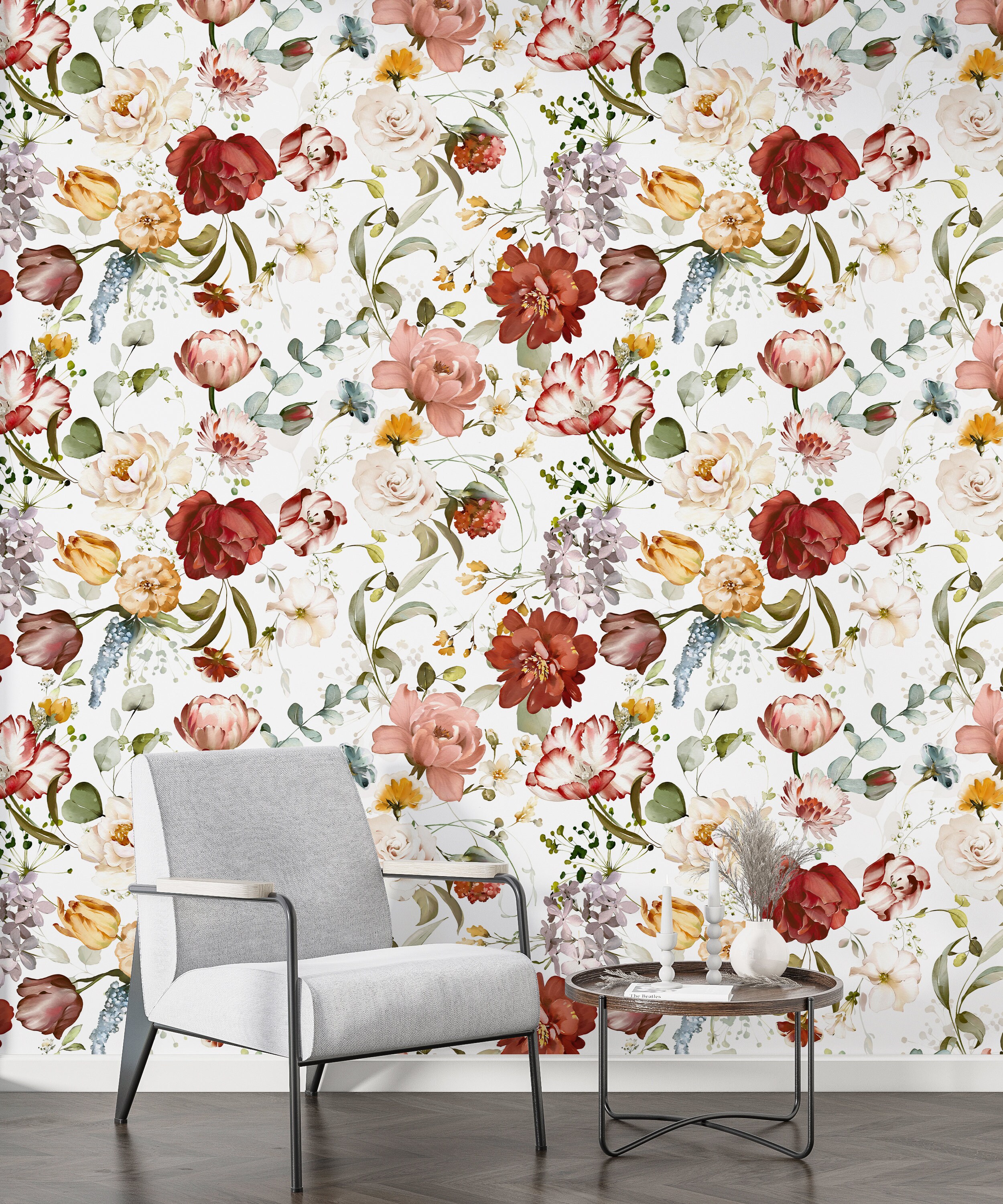 Watercolor Floral Wallpaper, Peony Rose, Peel and Stick Mural - Etsy