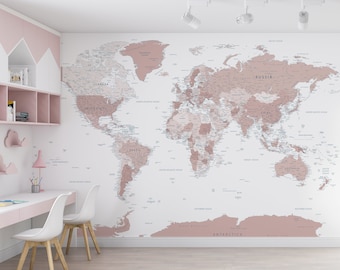 Beige Political World Map Wallpaper, Removable Wall Decal, Mural