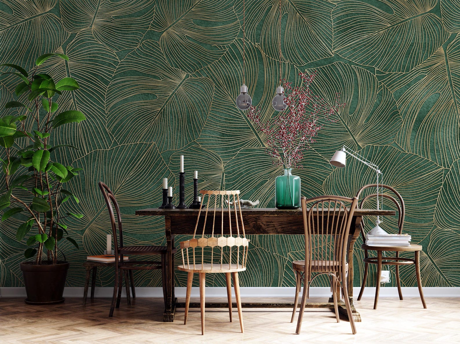 Emerald Green Tropical Leaf Wallpaper | Luxury Palm Mural (peel and ...