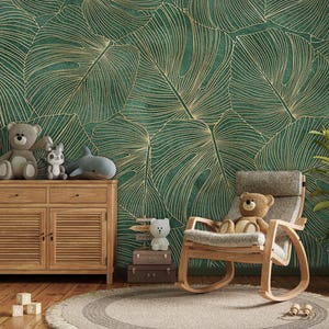 Carta da parati con foglie tropicali verde smeraldo / Motivo a palma tropicale / Carta da parati adesiva o tradizionale / Carta da parati di lusso / Decorazione moderna
