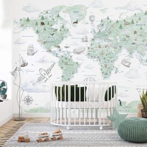 Grüne Aquarell detaillierte Weltkarte für Kinder und Bildung, Weltkarte zum Abziehen und Aufkleben, Weltkarte der USA-Staten, Wolken, Tiere, Flugzeuge, Weltkarte