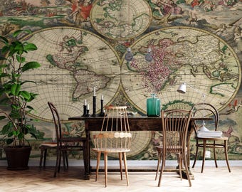 Mappa del mondo antica, murale, 1682, Vecchio Mondo, carta da parati rimovibile
