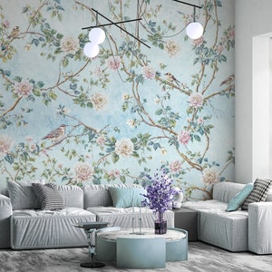 Vögel Äste Blaue Tapete, Blaue Chinoiserie Tapete Wandbild, Blumen Floral Tapete, Haus Wand Dekor Tapete, selbstklebend