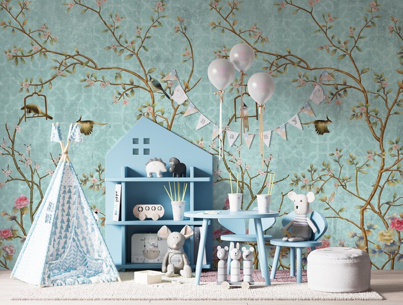 Blue Chinoiserie Wallpaper, Birds & Trees, Vintage Floral Wall Mural ...