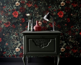 Dark Floral Wallpaper, Red Flowers Wallpaper, Botanical Wall Mural, Luxury Removable Wallpaper, Dark Floral Bedroom Decor, Vintage Wallpaper