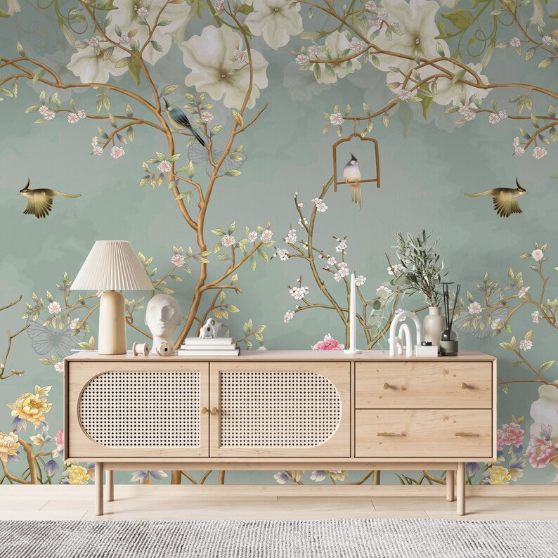 Watercolor Chinoiserie Wallpaper, Birds & Trees Wall Mural, Peel and ...