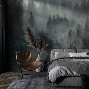 Papier peint forêt brumeuse, papier peint autocollant forêt sombre, papier peint paysage pins muraux amovible