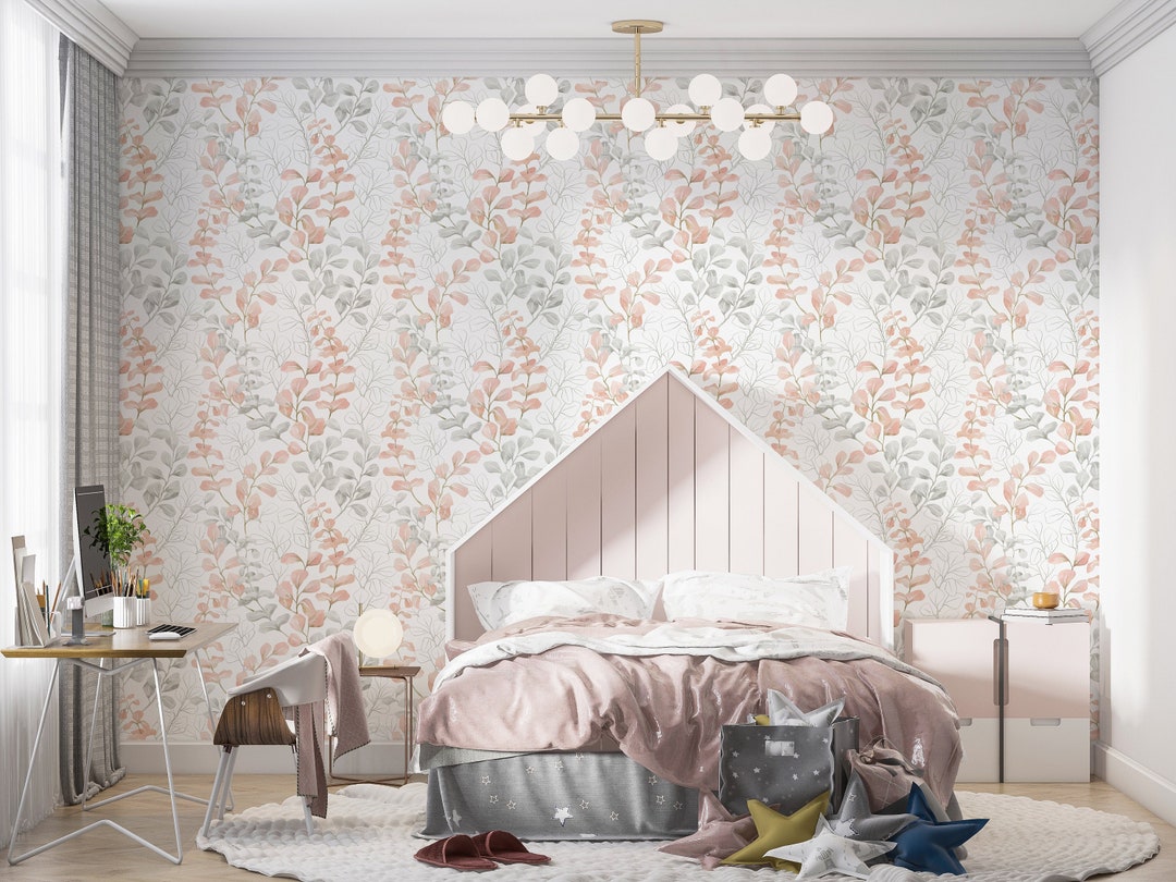 Pink and Gray Floral Wallpaper Peel and Stick,botanical Leaves and ...
