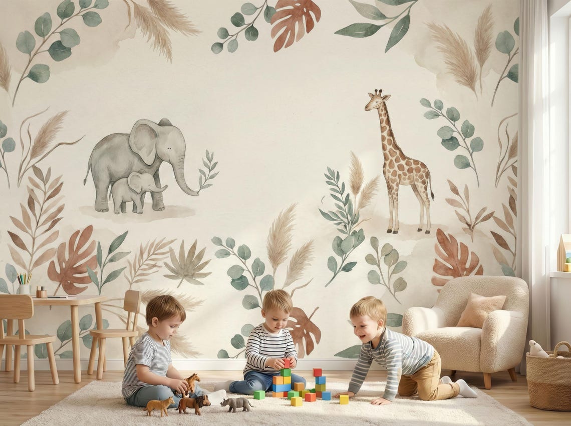 Watercolor Safari Nursery Wallpaper, Boho Jungle Animals Mural, Peel ...
