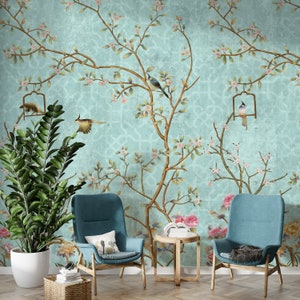 Carta da parati adesiva con motivi cinesi blu, murale con uccelli cinesi e alberi, carta da parati rimovibile con motivi floreali turchesi, arredamento vintage per la casa