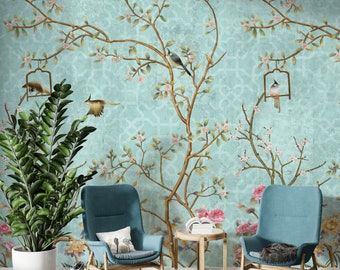 Blue Chinoiserie Wallpaper Peel and Stick, Chinese Birds with Trees Wall Mural, Turquoise Floral   Removable Wallpaper, Vintage Home Decor
