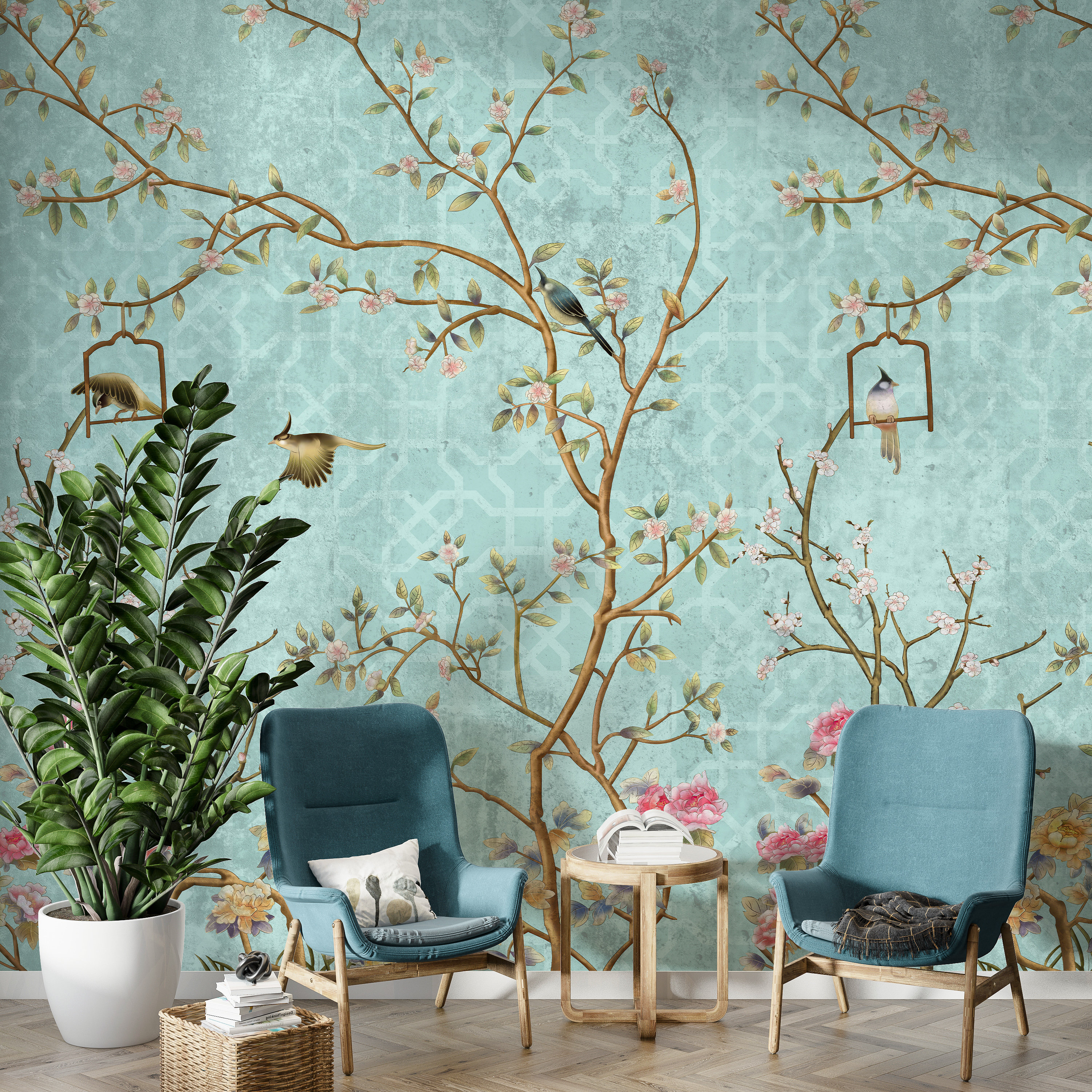 Blue Chinoiserie Wallpaper, Birds & Trees, Vintage Floral Wall Mural ...