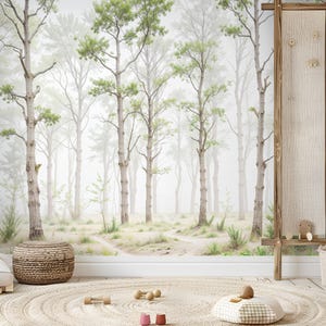 Nebliger Wald Wandbild, Ablösbare Tapete, Abnehmbare Tapete für Kinderzimmer, Skandinavische Kinderzimmerdekoration, Baumakzentwand