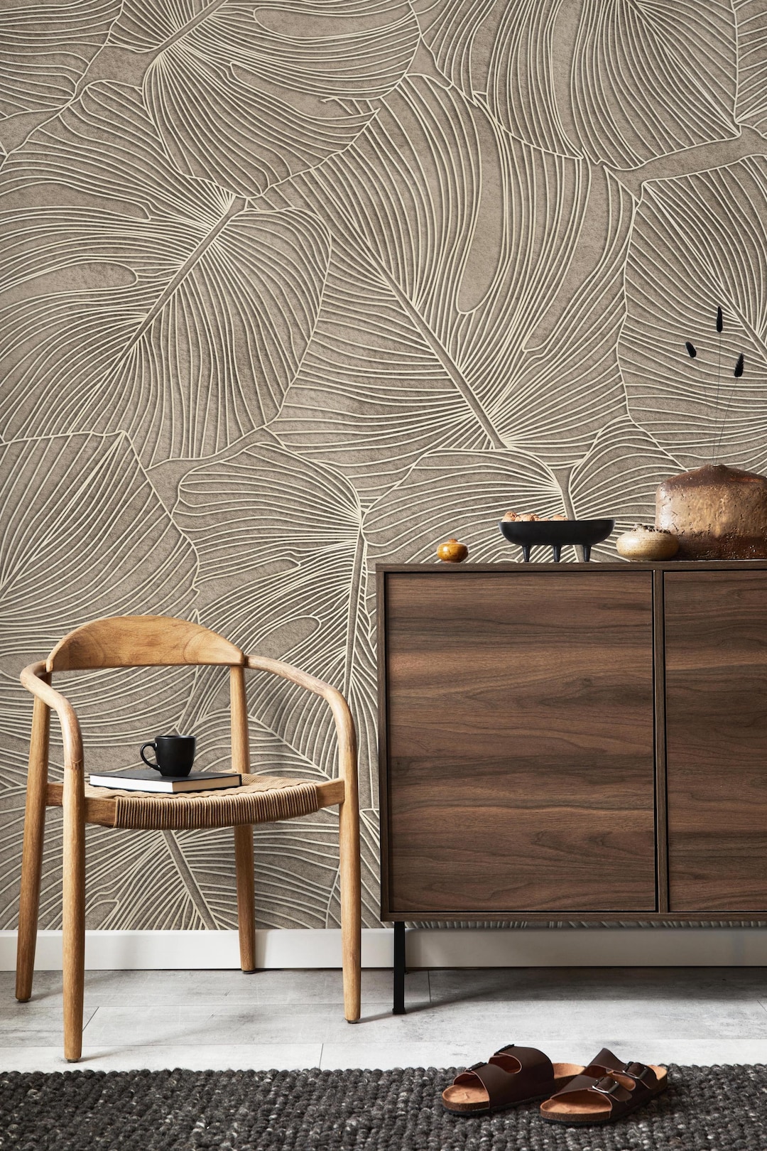 Beige Leaf Wallpaper, Modern Botanical Wall Decor, Peel and Stick - Etsy