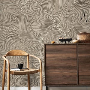 Carta da parati testurizzata con foglie beige neutro, decorazione murale botanica moderna, staccabile e attaccabile o tradizionale, rotoli per rivestimenti murali per soggiorno e camera da letto