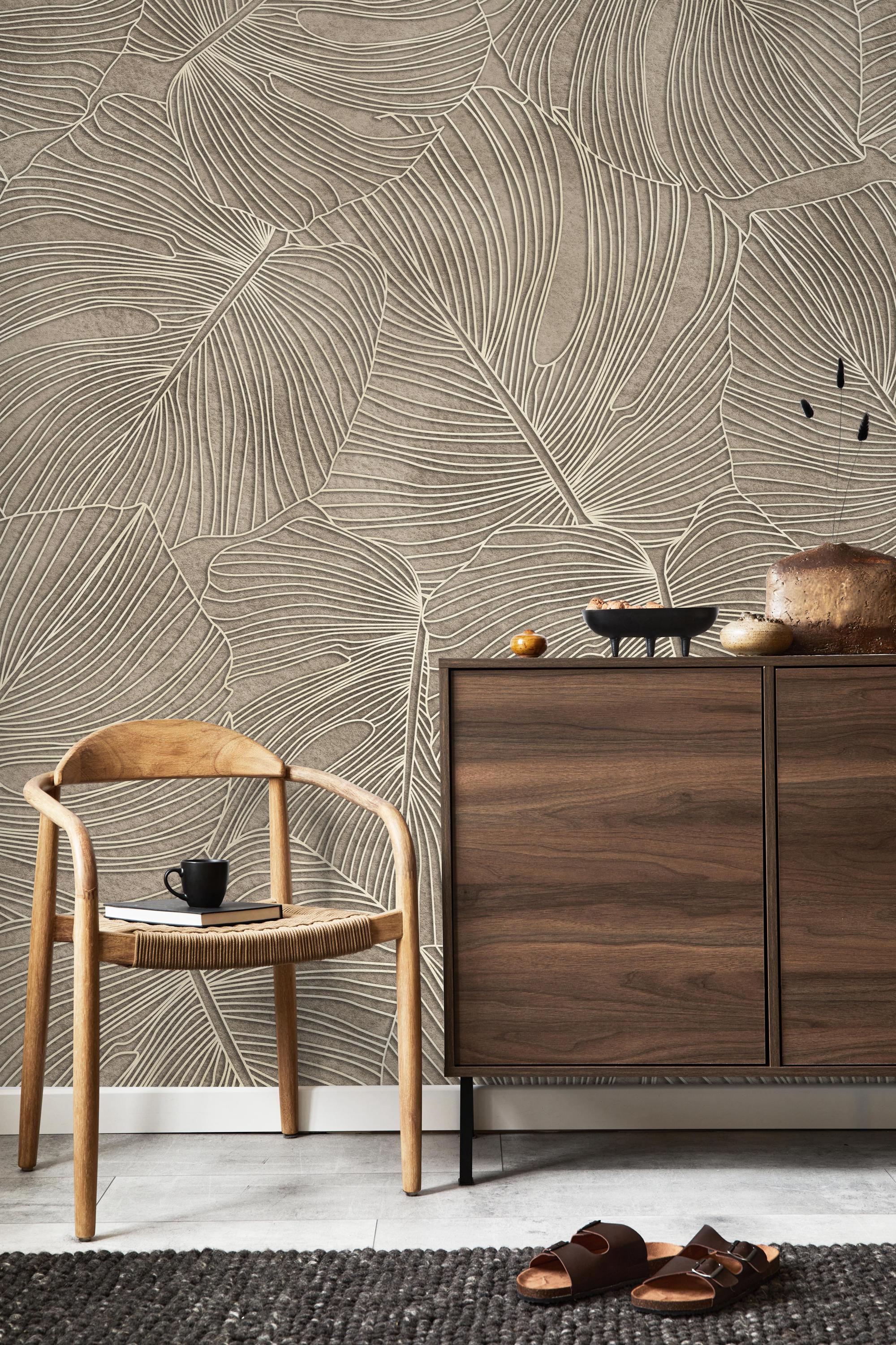Neutral Beige Leaf Textured Wallpaper, Modern Botanical Wall Decor, Peel and Stick or Traditional, Living Room Bedroom Wall Covering Rolls