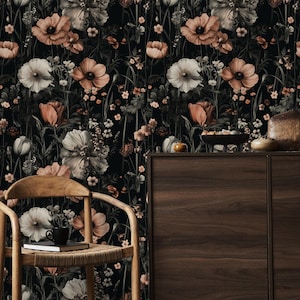 Moody Floral Wallpaper - Peel and Stick or Traditional Mural - Dark Vintage Flowers, Botanical Wall Art for Bedroom, Living Room