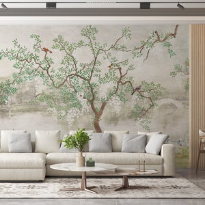 Papel pintado chinoiserie vintage autoadhesivo, mural de pared con pájaros chinos y árboles, papel pintado floral extraíble, decoración vintage para el hogar.