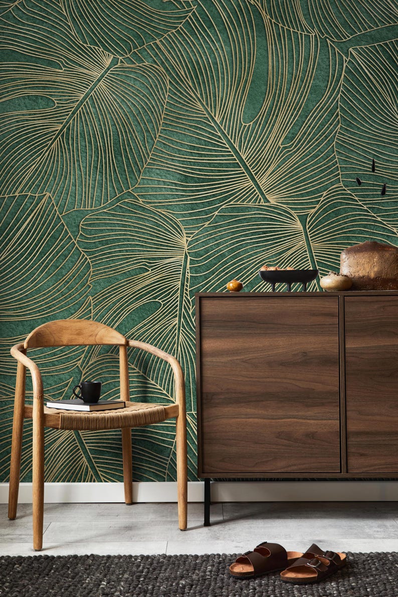 Emerald Green Tropical Leaf Wallpaper | Luxury Palm Mural (peel and ...