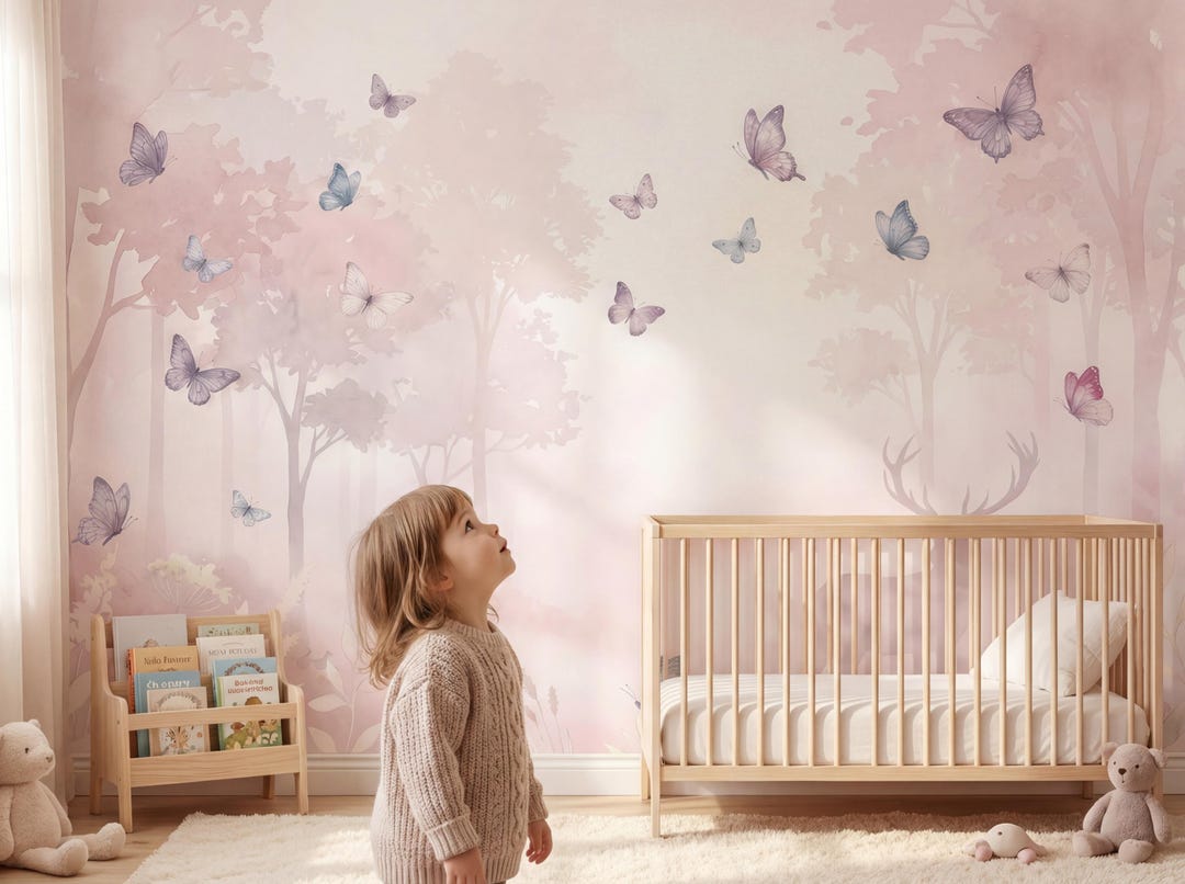Pink Forest Nursery Wallpaper, Butterfly Wall Mural, Peel and Stick ...