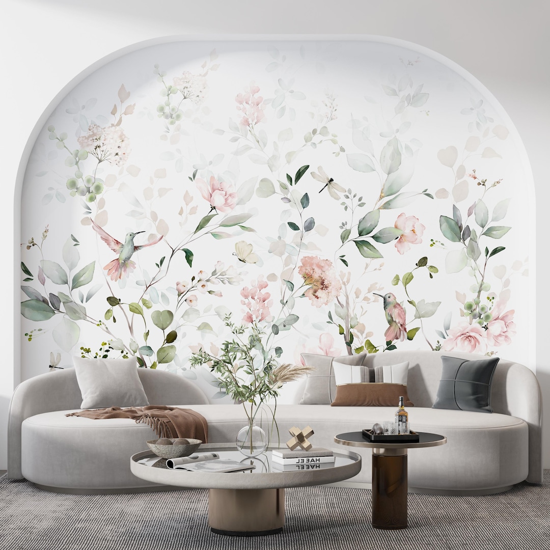 Watercolor Pink Floral Wallpaper Peel and Stick,botanical Leaves and ...