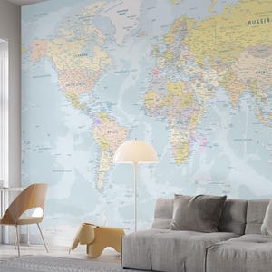 Detaillierte klassische Weltkarte Tapete, Staaten der Vereinigten Staaten Weltkarte Wanddruck, hellblauer Hintergrund Politische Weltkarte Wandkunst