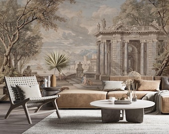 May include: A living room featuring a white woven lounge chair, a tan sectional sofa, and a round white coffee table. The wall is covered in a mural depicting a classical landscape with stone architecture, trees, and a distant harbor scene.