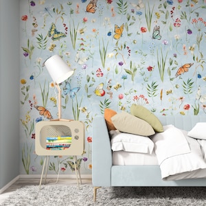 Butterflies and Flowers Watercolor Wallpaper, Color Options Floral Wallpaper, Beige Pink and Green Color Options Wallpaper, Peel and Stick