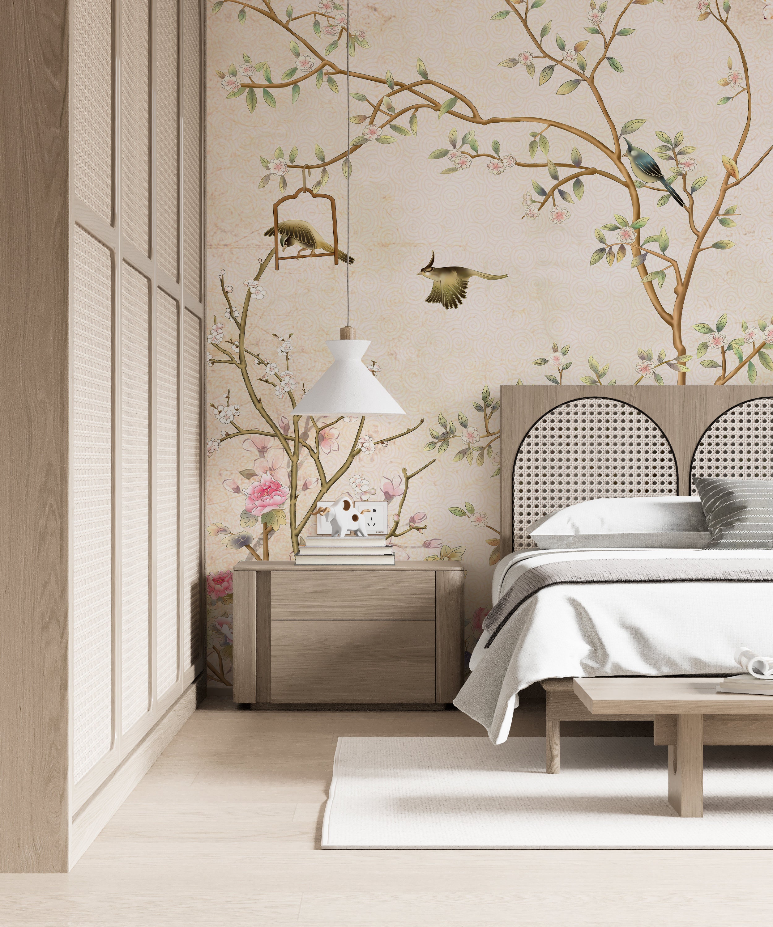 Yellow Chinoiserie Wallpaper, Birds and Trees Wall Mural, Peel and ...