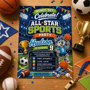 Peut inclure: Une invitation d'anniversaire rectangulaire sur le thème du sport avec un loup en dessin animé portant un maillot numéro 9, un trophée doré et le texte Ready, Set, Celebrate! All Star Sports Party, Hudson is turning 9, et les détails.