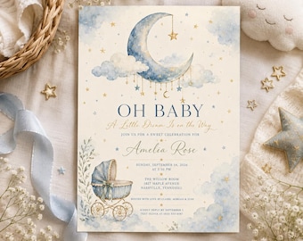 May include: A baby shower invitation card featuring a watercolor illustration of a blue crescent moon, clouds, and a vintage baby carriage. The text reads OH BABY, A Little Dream Is on the Way, Amelia Rose, and event details for September 14, 2026.
