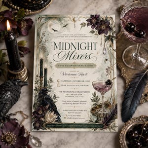 May include: A rectangular invitation card titled Midnight Mixers featuring a dark botanical and celestial design with a black raven, purple flowers, a cocktail glass, and moon imagery. The text details a Halloween event hosted by Vivienne Hart.
