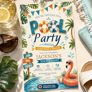 May include: A rectangular pool party invitation card featuring tropical palm leaves, colourful bunting, and a pink flamingo float. The text reads: You're invited to a pool party, Jackson's 9th birthday, Saturday August 23, 2025, 3:00 PM to 6:00 PM, Sunshine Aqua Club, 487 Waterfall Lane, Orlando, FL 32801, RSVP to Amy at 407-555-7824.
