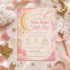 Gender Reveal Invitation, Pink and Gold Celestial Moon and Stars Invite, Watercolor Little Star Baby Reveal Celebration