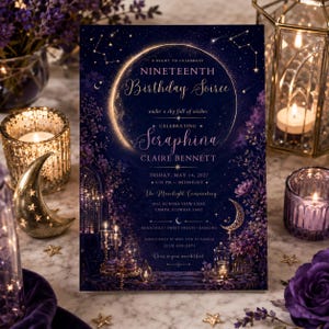 Puede incluir: Una tarjeta de invitación de cumpleaños rectangular con fondo azul marino, una luna dorada, constelaciones y flores moradas. El texto dice: A NIGHT TO CELEBRATE NINETEENTH Birthday Soiree under a sky full of wishes CELEBRATING Seraphina CLAIRE BENNETT FRIDAY, MAY 14, 2027 8:00 PM – MIDNIGHT The Moonlight Conservatory 4812 AURORA VIEW LANE TAMPA, FLORIDA 33602 MOCKTAILS – SWEET TREATS – DANCING KINDLY REPLY BY APRIL 30TH TO VANESSA (813) 555-2471 Dress in your moonlit best.