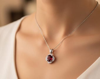 Dainty Garnet Pendant Necklace | January Birthstone Jewelry | Moissanite Accent | Gold & Silver Plated Minimalist Necklace