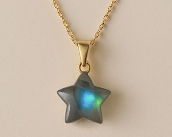Collar colgante de estrella de labradorita: joyería bohemia chapada en plata y oro.